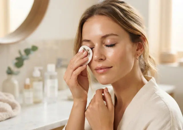 Mujer limpiando sus ojos con un disco de algodón